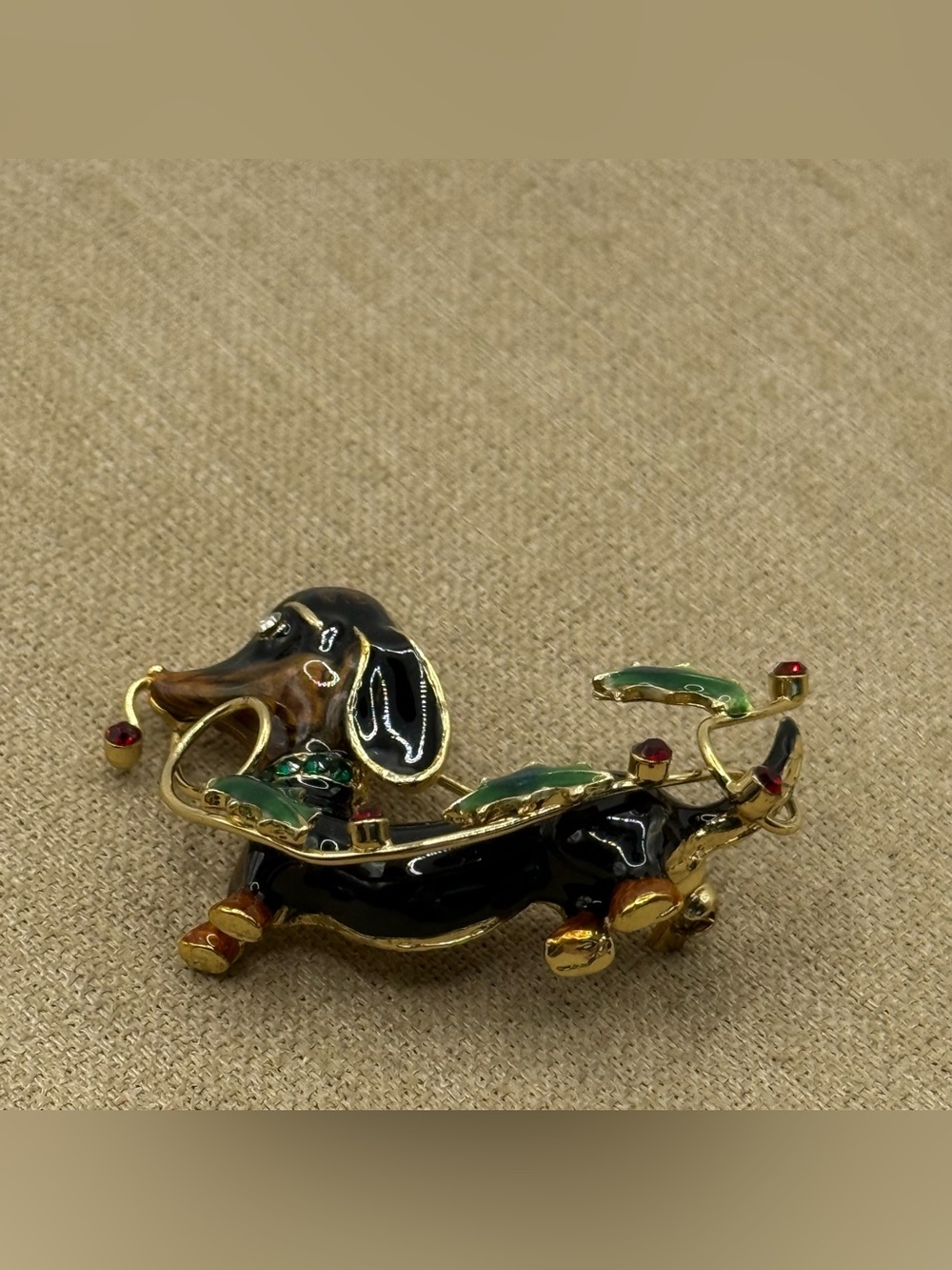 Gold-Tone Black Enamel Dachshund Dog Brooch with Green and Red Accents